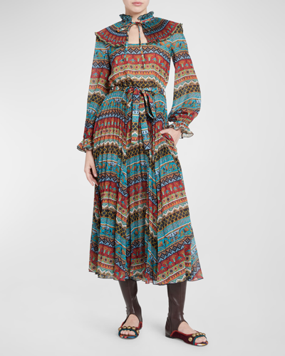 Shop La Doublej Nefertiti Abstract-print Pleated Long-sleeve Midi Dress In Turquoise