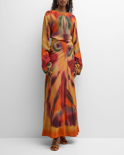 Shop Altuzarra Nikouria Printed Maxi Dress With Keyhole Front In Bright Coral Rors