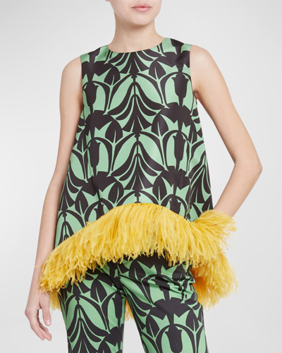 Shop La Doublej La Scala Abstract-print Feather-trim Sleeveless Top In Medium Green