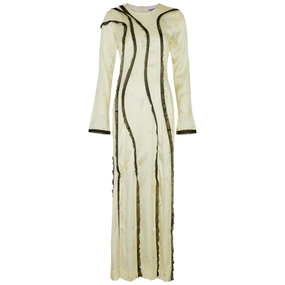 Shop Ganni Floral-print Ruffled Stretch-silk Maxi Dress In Cream