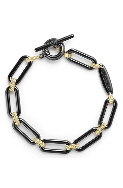 Shop Lagos Signature Caviar Ceramic Link Bracelet In Black/ Gold