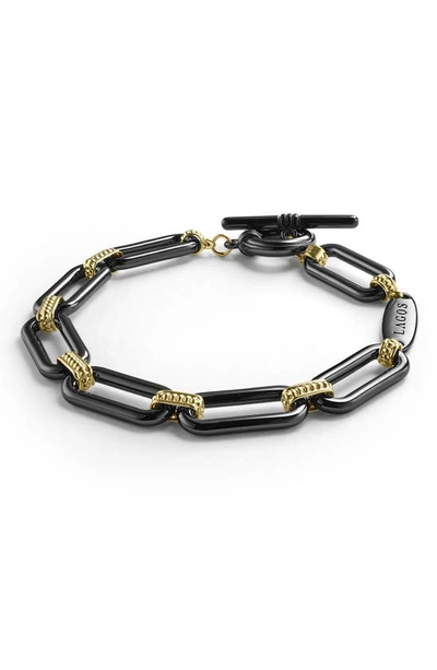 Lagos Signature Caviar Ceramic Link Bracelet In Black/ Gold