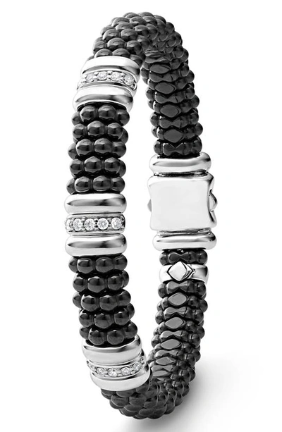 Shop Lagos Black Caviar Ceramic Diamond Station Bracelet In Silver