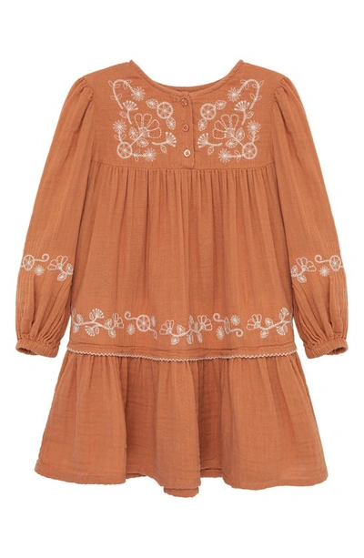 Shop Peek Aren't You Curious Kids' Outline Embroidered Long Sleeve Cotton Dress In Toast