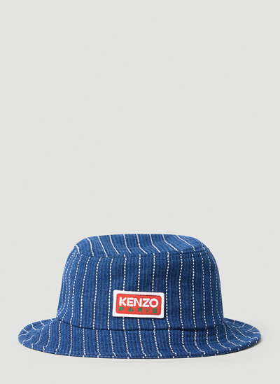 Shop Kenzo Logo Stamp Denim Stripe Bucket Hat In Blue