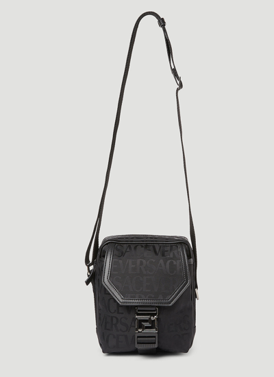 Shop Versace Logo Jacquard Crossbody Bag In Black
