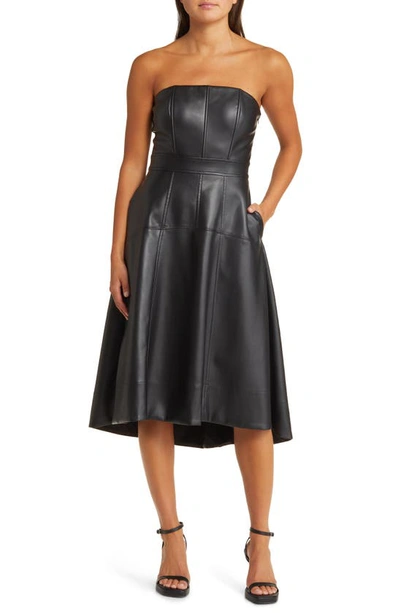 Shop En Saison Dawn Faux Leather Strapless Fit & Flare Dress In Black