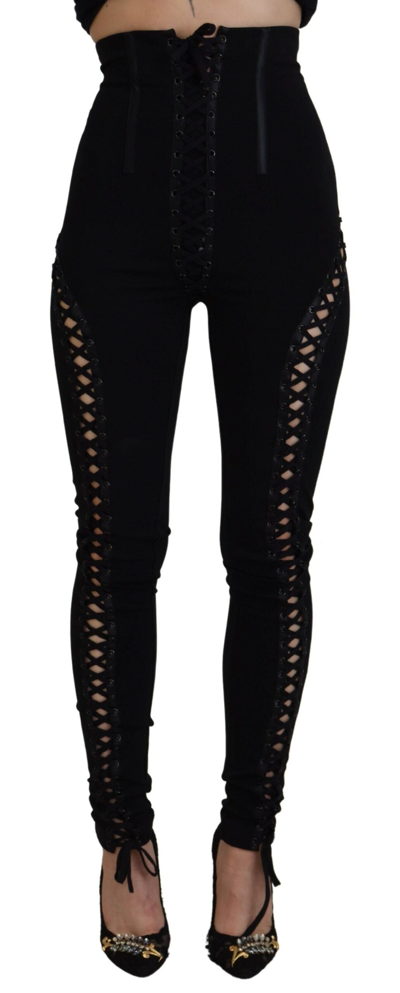 Shop Dolce & Gabbana Black Viscose High Waist Cut Out Skinny Women's Pants
