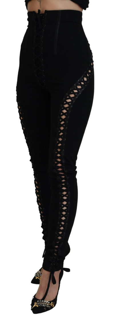 Shop Dolce & Gabbana Black Viscose High Waist Cut Out Skinny Women's Pants