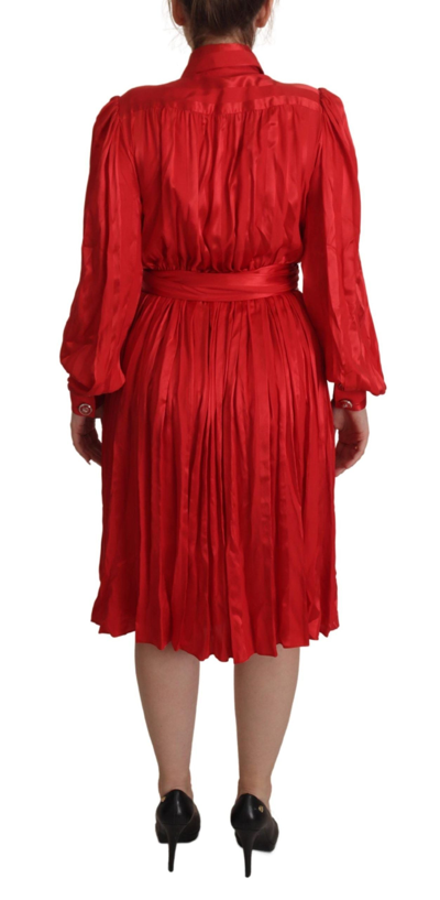Shop Dolce & Gabbana Red Button Down Belted Midi Satin Silk Women's Dress