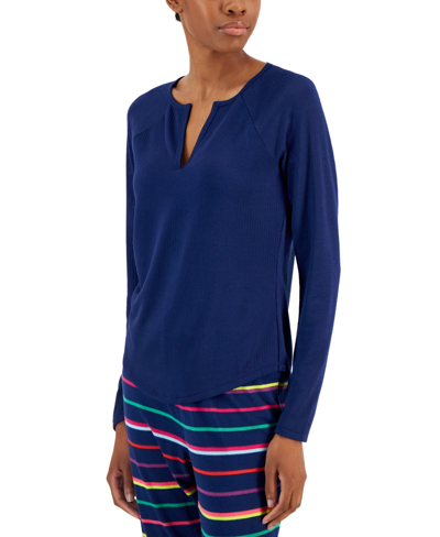 Shop Jenni Women's Split-neck Pajama Top, Created For Macy's In Deepest Sapphire