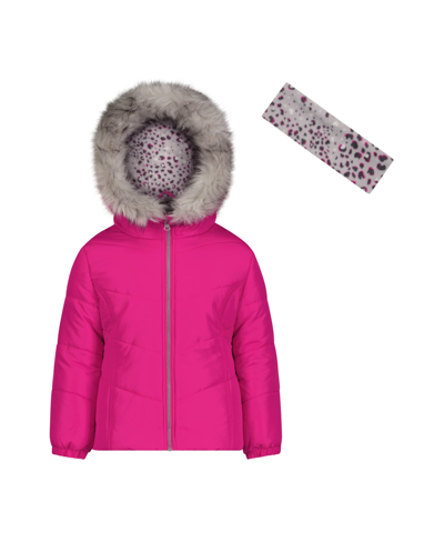Shop Weathertamer Big Girls Coat With Faux Fur Trim And Fleece Headband Set In Fuchsia
