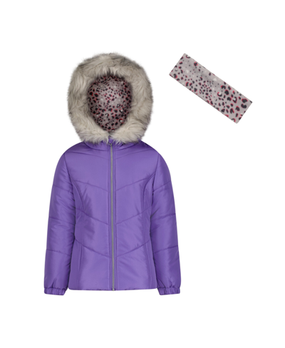 Shop Weathertamer Big Girls Coat With Faux Fur Trim And Fleece Headband Set In Purple