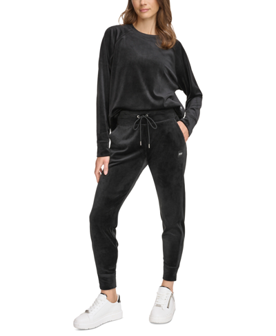 Shop Dkny Sport Women's Platinum Velour Cuffed Slim Fit Joggers In Black