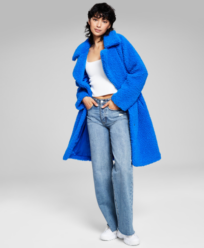 Shop Bcbgeneration Women's Notch-collar Teddy Coat In Blue