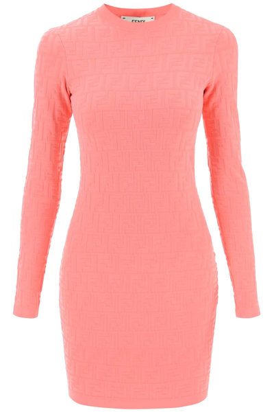 Shop Fendi Mini Dress In Jacquard Knit With Ff Monogram In Fluo,pink
