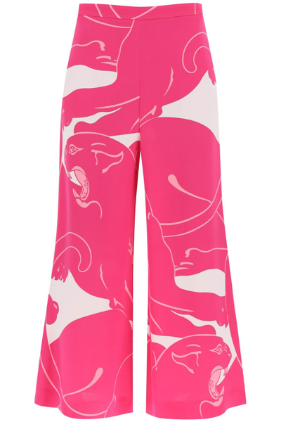 Shop Valentino Cady Panther Cropped Pants In White,fuchsia