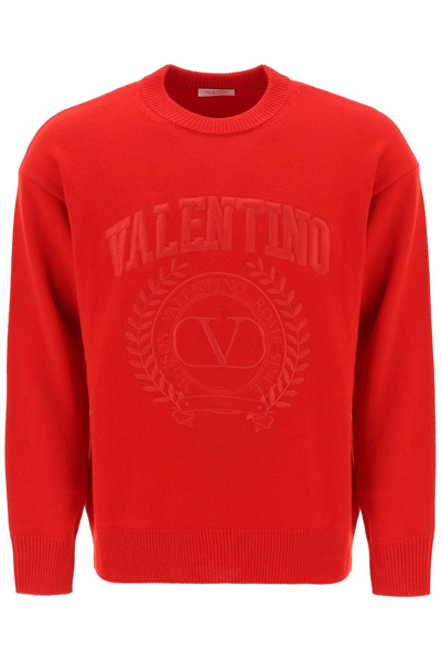 Shop Valentino Crew-neck Sweater With Maison  Embroidery In Red