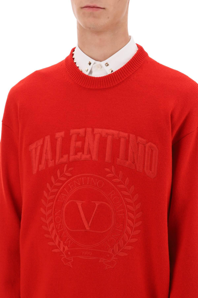 Shop Valentino Crew-neck Sweater With Maison  Embroidery In Red