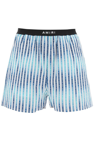 Shop Amiri Striped Poplin Shorts In White,blue,light Blue