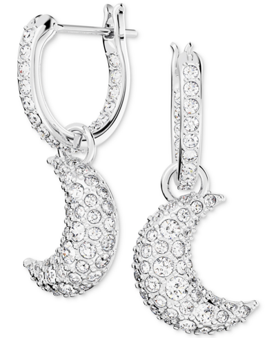Shop Swarovski Rhodium-plated Pave Moon Charm Hoop Earrings In Silver