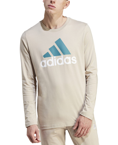 Shop Adidas Originals Adidas Men's Basic Badge Of Sport Long-sleeve Crewneck T-shirt In Beige / Artic Night