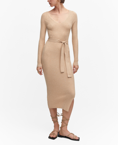 Shop Mango Women's Belt Detail Knitted Midi Dress In Sand