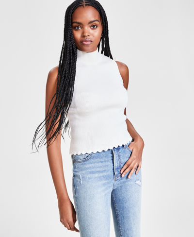 Shop Bar Iii Women's Mock-neck Scalloped-hem Ribbed Top, Created For Macy's In Bar White