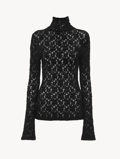 Chloé Turtleneck Long-sleeve Smocked Lace Top In Black