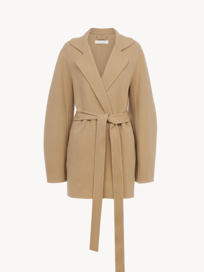 Chloé Short Belted Coat Women's Beige Size 4 70% Wool, 30% Cashmere, Horn Bubalus Bubalis, Farmed, Coo India