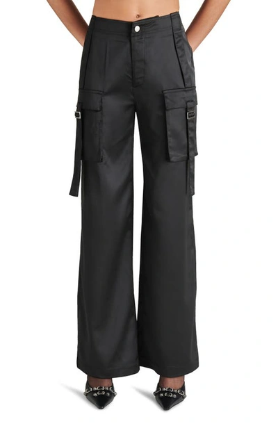 Shop Steve Madden Ace Wide Leg Satin Cargo Pants In Black
