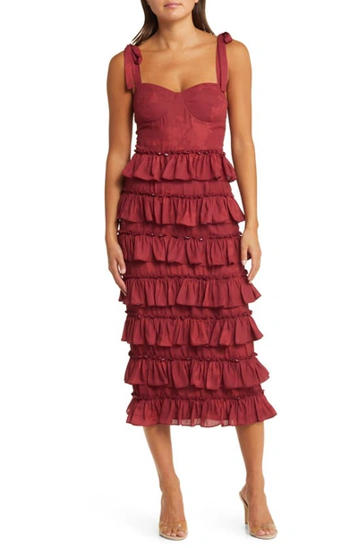 Shop Wayf Masie Floral Tiered Ruffle Corset Dress In Burgundy Shadow