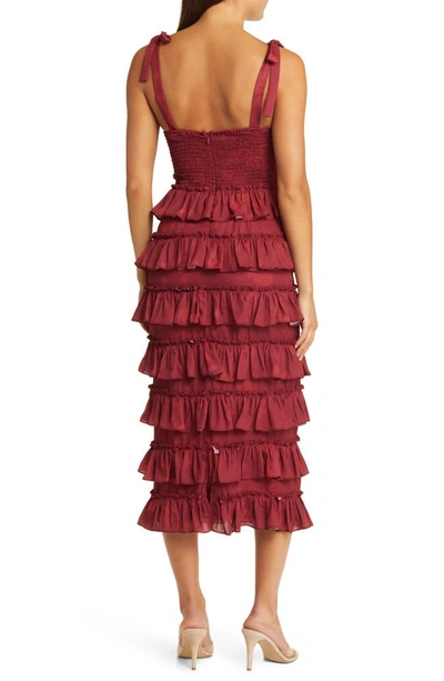 Shop Wayf Masie Floral Tiered Ruffle Corset Dress In Burgundy Shadow