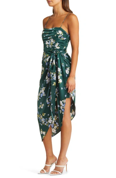 Shop Wayf Ruched Bodice Satin Midi Dress In Hunter Bouquet