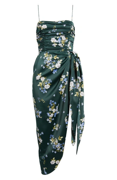 Wayf Ruched Bodice Satin Midi Dress In Hunter Bouquet
