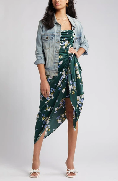 Wayf Ruched Bodice Satin Midi Dress In Hunter Bouquet