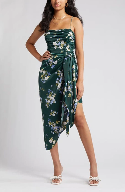 Wayf Ruched Bodice Satin Midi Dress In Hunter Bouquet