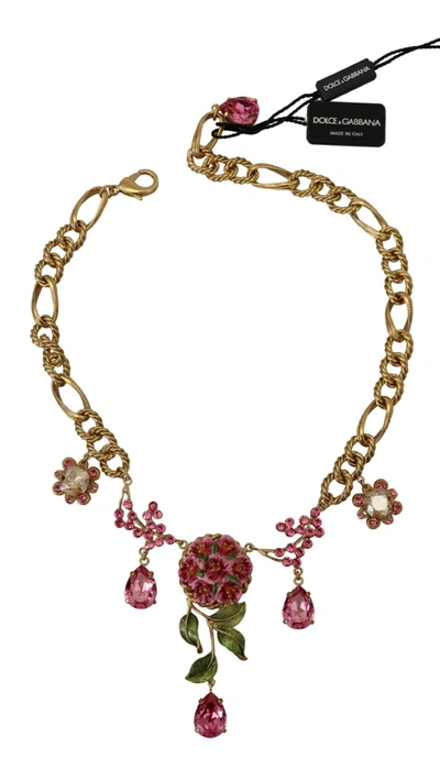 Shop Dolce & Gabbana Gold Brass Chain Crystal Floral Roses Jewelry Women's Necklace In Gold And Pink