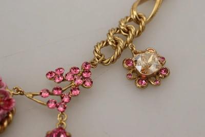 Shop Dolce & Gabbana Gold Brass Chain Crystal Floral Roses Jewelry Women's Necklace In Gold And Pink