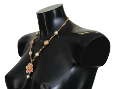 Shop Dolce & Gabbana Gold Tone Floral Crystals Pink Embellished Women's Necklace In Gold And Pink