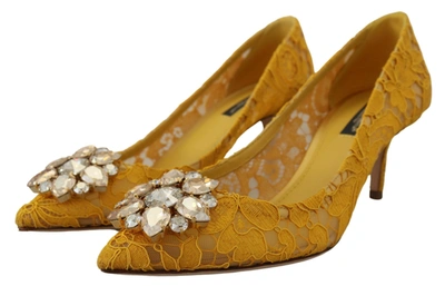 Shop Dolce & Gabbana Yellow Taormina Lace Crystal Heels Pumps Women's Shoes