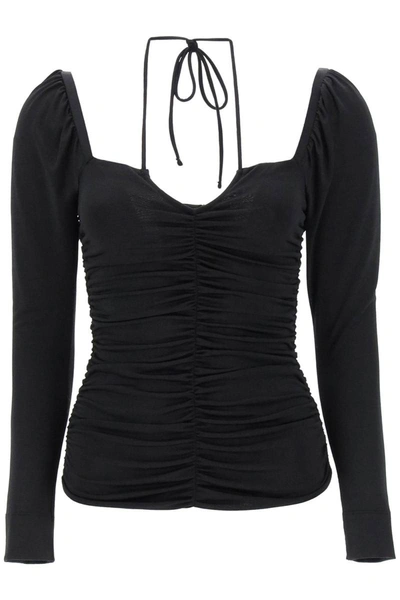 Shop Ganni Ruched Top With Halterneck In Black