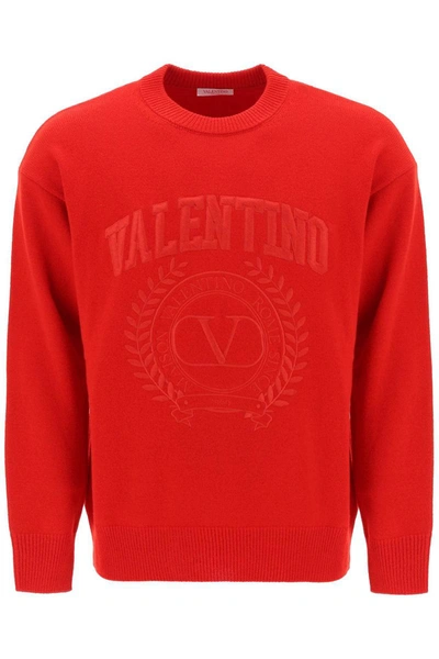 Shop Valentino Garavani Crew-neck Sweater With Maison  Embroidery In Red