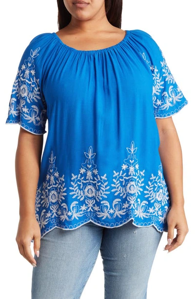 Shop Forgotten Grace Embroidered Trim Peasant Tunic Top In Cobalt/white