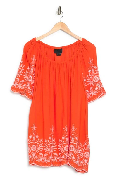 Shop Forgotten Grace Embroidered Trim Peasant Tunic Top In Coral/white