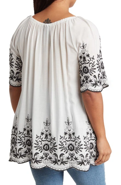 Forgotten Grace Embroidered Trim Peasant Tunic Top In White/black