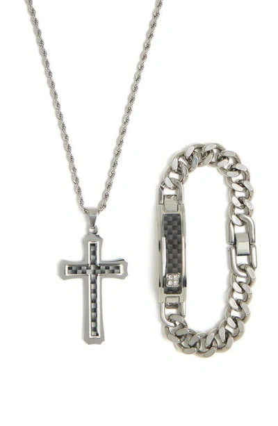 Shop American Exchange Cross Pendant Necklace & Id Bracelet Set In Silver/ Black