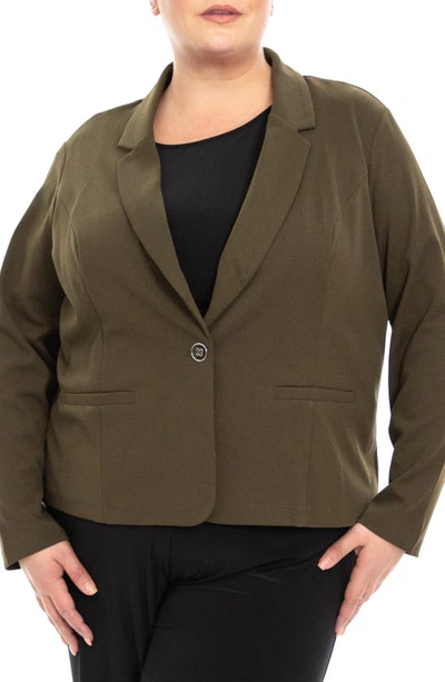 Shop Nina Leonard One Button Notch Lapel Crop Blazer In Dark Olive