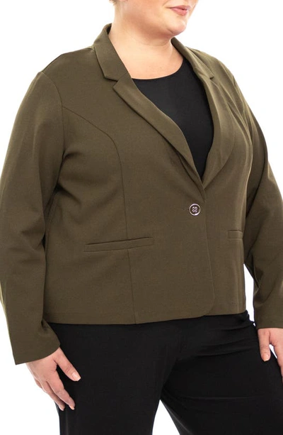 Shop Nina Leonard One Button Notch Lapel Crop Blazer In Dark Olive