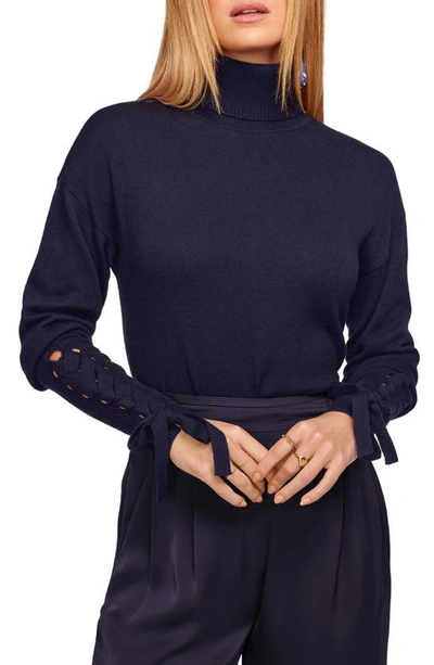 Shop Ramy Brook Walt Turtle Neck Long Lace-up Sleeve Top In Navy